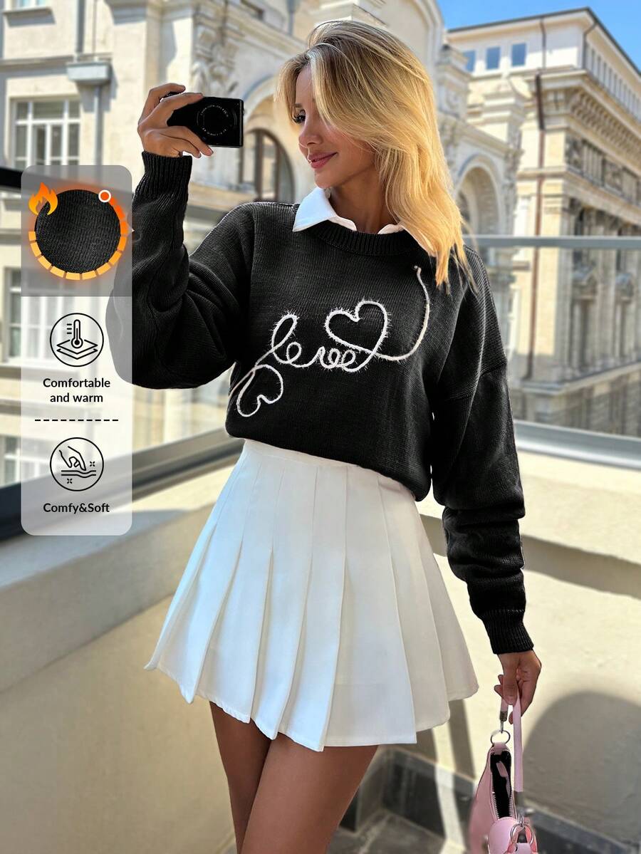 EURMUSE Suéter adorable de cuello redondo con bordado de patrón de corazón y formas de amor en color de contraste casual - Negro - Ver 1