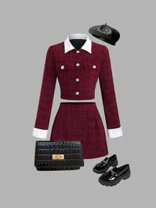 Sweetra 复古红色美国女继承人优雅两件套：修身长袖单排扣夹克和 A 字中长裙，时尚修身，秋冬 - 紅色 - 查看 3