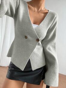 SHEIN Unity 女士优雅秋冬时尚束腰双排扣开衫 - 灰色 - 查看 4