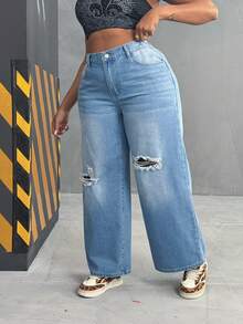 EMERY ROSE 大码女式做旧洗水宽松直筒工装牛仔裤，浅蓝色秋季节日秋季优雅牛仔裤