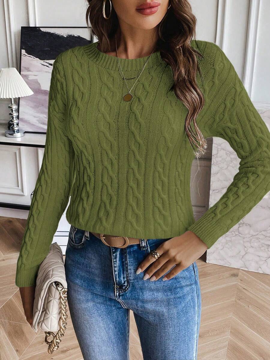 EMERY ROSE Damen Minimalistischer einfarbiger Zopfstrick Pullover, Drop-Shoulder, Herbst/Winter