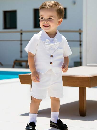 Souflis Souflis Bộ 2 món áo polo tay ngắn cổ bẻ phối họa tiết kẻ caro cho bé trai, quần short, trang phục lịch lãm cho bé trai, bộ vest trắng cho bé sơ sinh và trẻ nhỏ, trang phục cưới màu trắng, trang phục sinh nhật lần thứ nhất.