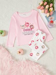 2pcs Young Girl' Cute Donut Print Long Sleeve Pajama Set