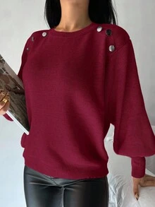 EURMUSE Button Detail Lantern Sleeve Sweater - Red - View 4