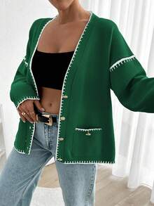 EURMUSE Women Solid Color Deep V-Neck Handmade Stitch Detailed Cardigan - Green - View 4