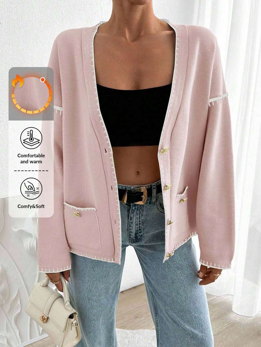 EURMUSE Women Solid Color Deep V-Neck Handmade Stitch Detailed Cardigan - Baby Pink - View 1