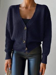 EURMUSE Drop Shoulder Cardigan With Buttons Facing Up - Navy Blue - View 4