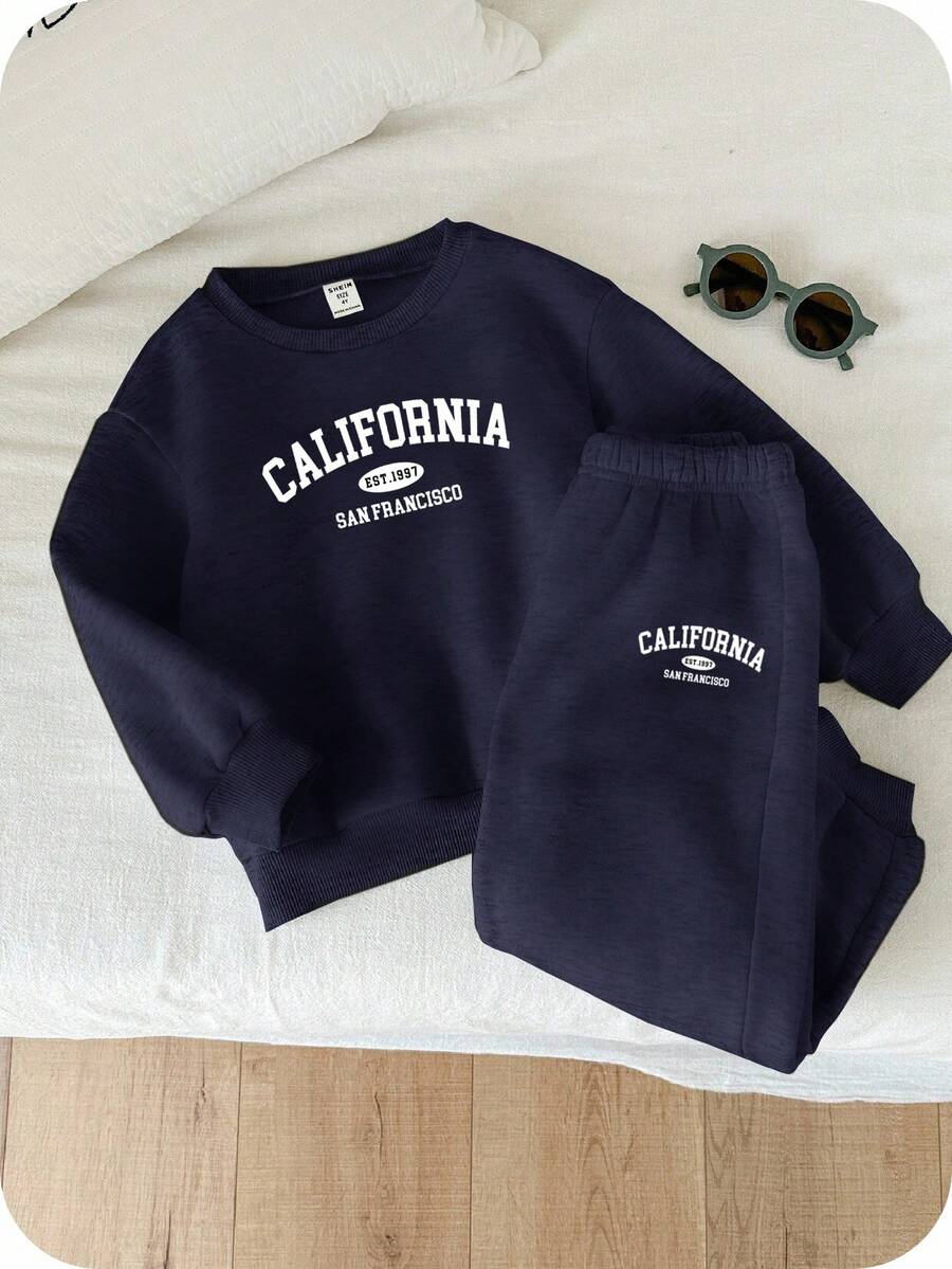 SHEIN 秋冬款男童休闲字母印花卫衣和运动裤套装 - 寶藍色 - 查看 1