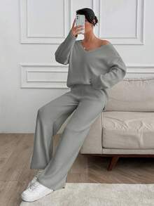 SHEIN Tall 高个女款V领宽松毛衣和针织裤套装 - 灰色 - 查看 9