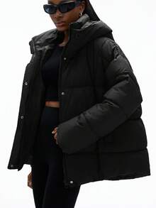 Aveloria GENKIRA 秋冬棕色简约百搭高端复古设计纯色连帽时尚宽松休闲棉服女大衣 - 黑色 - 查看 5