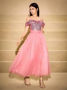 Vestido elegante con hombros descubiertos y lentejuelas para adolescentes, adecuado para bailes de graduación, actuaciones, banquetes, recepciones, exposiciones de arte y eventos de moda - Rosa - Ver 4
