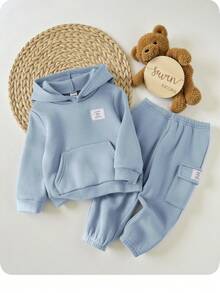 SHEIN 2pcs/Set Baby Boy/Girl Casual Sports Letter Graphic Pocket Hoodie & Elastic Waist Pants Set, Suitable For Autumn/Winter - Blue - View 2