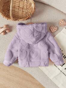 SHEIN 新生女孩可爱纯色毛绒绒心形图案连帽夹克厚外套适合秋冬季