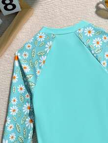 小女孩连体泳衣，花卉拼接长袖和长裤，保守遮盖，适合游泳、海滩、度假 - 藍色 - 查看 5