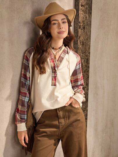 Wildy 女式休闲拼色格子印花长袖运动衫