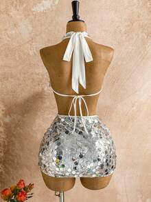 Soleia 女式纯色亮片性感深V领挂脖迷你连衣裙 - 銀色 - 查看 2