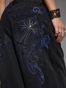 ROMWE Grunge Punk Quần jean ống đứng dáng rộng in họa tiết chữ thập & dây leo Punk Distressed - màu đen - Xem 2