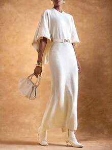 Zivah Elegant Autumn Women Off-White Sweater Dress,Tea Party Slim Fit Half-Sleeve Mid-Length Knit Dress With Metal Waist Decoration For Business Commuter - White - View 3