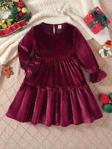 Easowa Abito elegante e lussuoso in velluto per giovani ragazze, con maniche a balze, gonna a-line svasata, stile vintage, adatto per feste, uso quotidiano, scuola, uscite, tessuto durevole, regalo perfetto per Natale e Ringraziamento - Bordò - Visualizzare 4