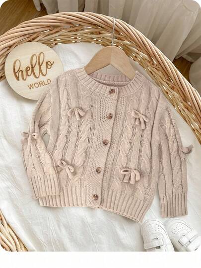 SHEIN Aprikosfärgad rosettknutad kofta, söt och mångsidig för babyflicka, höst/vinter