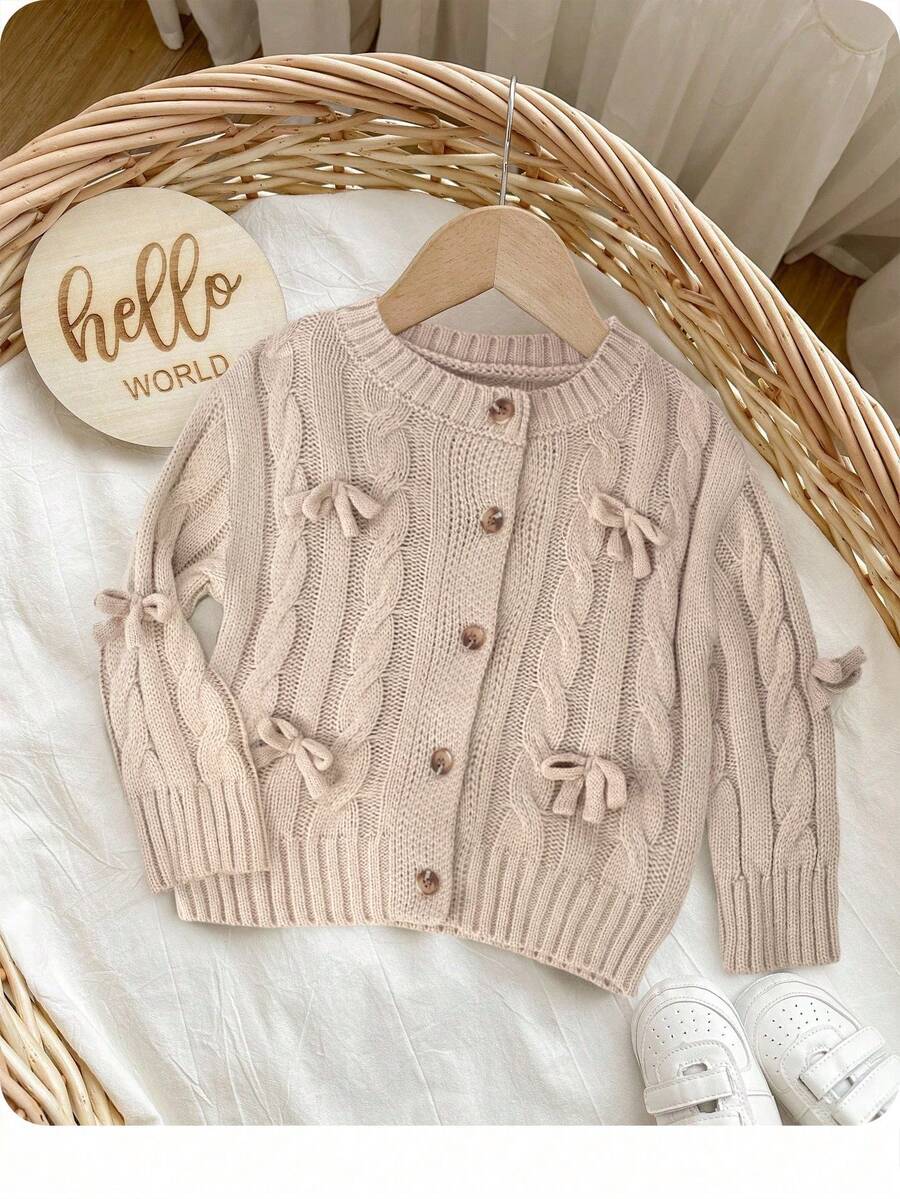 SHEIN 杏色蝴蝶结开衫，可爱百搭，适合女婴秋冬穿着 - 卡其色 - 查看 1