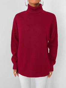 EURMUSE Women's High Neck Drop Shoulder Sweater - Burgundy - View 5