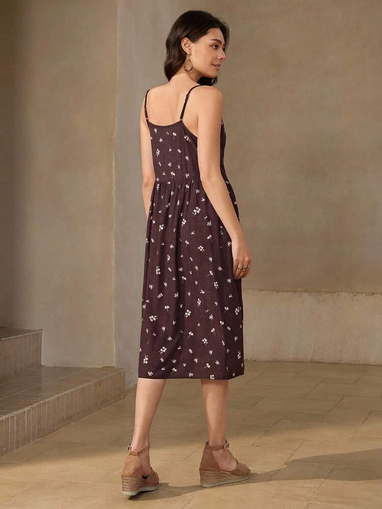 BOHO Women's Ditsy Floral Single Breasted Casual Sleeveless Mid-Calf Dress, Vacation Style Women Summer Clothes
