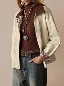 Florisole Women's Vintage Patchwork Collar Textured Dual Pocket Loose Fit Long Sleeve Khaki Jacket, Winter - Khaki - View 6