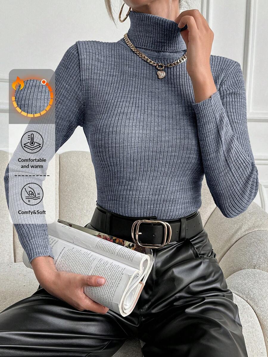 SHEIN Cottnline سترة محبوكة بأكمام طويلة ورقبة عالية للنساء - فضي - مشاهدة 1