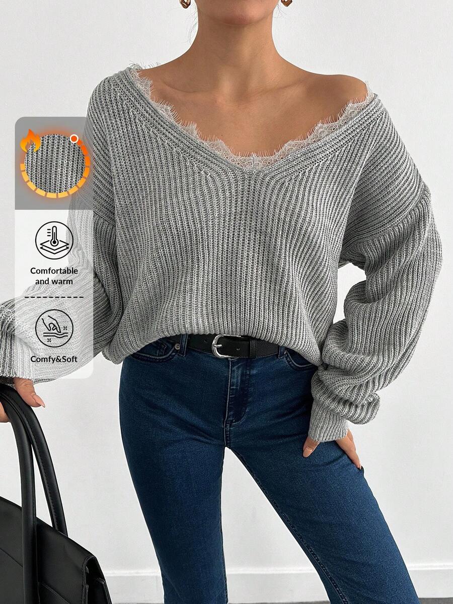 EURMUSE Casual Lace Trim Drop Shoulder Sweater, Autumn/Winter - Grey - View 1