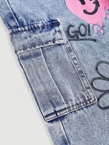 Girlism Tween Girl Y2k Fashion Lovely Cute Rainbow, Heart, Smiling Face Graffiti Pattern Blue Denim Loose Jeans Fall Winter,Casual And Versatile For Fall/Winter Dailywear And Streetwear,Halloween And Christmas,New Year,Thanksgiving,Baggy Street Jeans - Medium Wash - View 5
