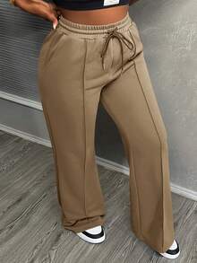 Slaydiva Quần nỉ ống rộng họa tiết sọc cạp chun màu nâu cho nữ - Lạc đà - Xem 5