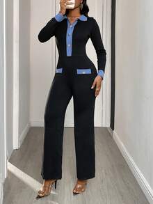 Rovax Women's Casual/Office Commute Contrast Color Half-Button Cardigan & Jumpsuit Set, Autumn/Winter - Black - View 1