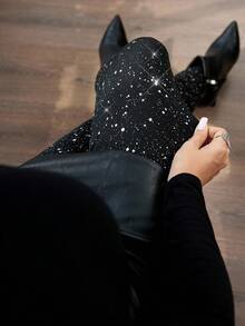 SHEIN Clasi 大码女式闪亮腰部纽扣设计时尚紧身裤 - 黑色 - 查看 11