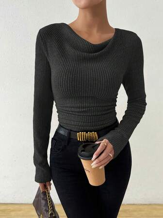 Almamuse Vintage Asymmetrical Draped Neck Textured Ruched Fitted Long Sleeve T-Shirt