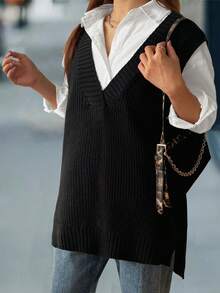 Calvaya Plus Size Women V-Neck Casual Loose Knitted Vest, Autumn/Winter - Black - View 6