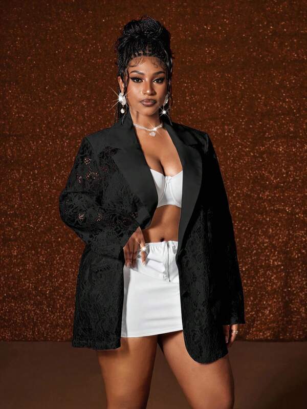 Maweii Plus Size Women Lapel NeckLong Sleeve Elegant Lace Blazer