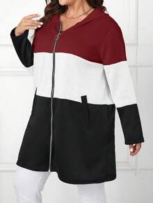Plus Size Casual Everyday Contrast Color Zip-Up Hooded Jacket, Autumn