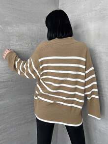 SHEIN Cottnline 女士休闲条纹宽松落肩毛衣秋冬季 - 駝色 - 查看 2