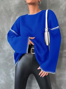 EURMUSE Women Casual Contrast Color Trim Dropped Shoulder Loose Sweater, Autumn/Winter - Biru - View 5