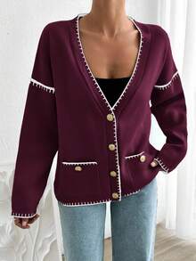 EURMUSE Women Solid Color Deep V-Neck Handmade Stitch Detailed Cardigan - Burgundy - View 6