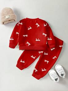 2 piezas Conjunto de sudadera y pantalones a juego con estampado de lazos para niñas bebé, casual y lindo, adecuado para uso diario y al aire libre, conjunto navideño rojo - Multicolor - Ver 2