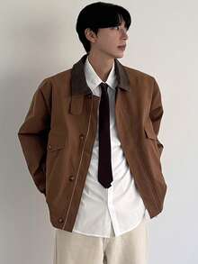 DAZY Men's Brown Patchwork Collar Design Jacket And Coat, Autumn - Brown - View 4