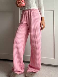 CovetEZ Women's Autumn And Winter Thick Warm Sweatshirt Knitted Pink Trousers Plaid Texture Solid Pink Waffle Casual Sports Pants, Autumn And Winter Christmas Pink Trousers Sweet Trousers Waffle Clean Girl Trousers - Pink - View 5