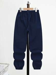 SHEIN 青少年男童休闲印花裤，适合街头、朋克、摇滚、校园、日常穿着、派对、音乐节等场合，春夏皆宜，藏蓝色运动裤，宽松裤型，嘻哈裤，休闲裤，秋冬皆可穿着。 - 藏蓝色 - 查看 2