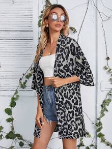 SHEIN VCAY Women's Leopard Print Loose Fit 3/4 Sleeve Kimono Cover Up - White - View 3