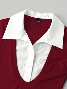 SHEIN EZwear 休闲简约修身白色领连体衣，搭配酒红色罗纹领口，二合一衬衫领连体衣，女士百搭款式，适合办公室穿着，秋冬季 - 酒紅色 - 查看 3