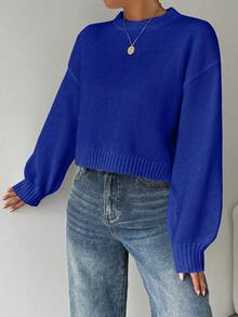 EMERY ROSE Áo len dài tay cổ tròn đơn giản, màu trơn Tropiluxe dành cho nữ màu trắng - Xanh đậm - Xem 4