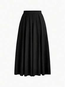 SHEIN PETITE 女式小巧纯色A字口袋腰裙 女式长裙 - 黑色 - 查看 5