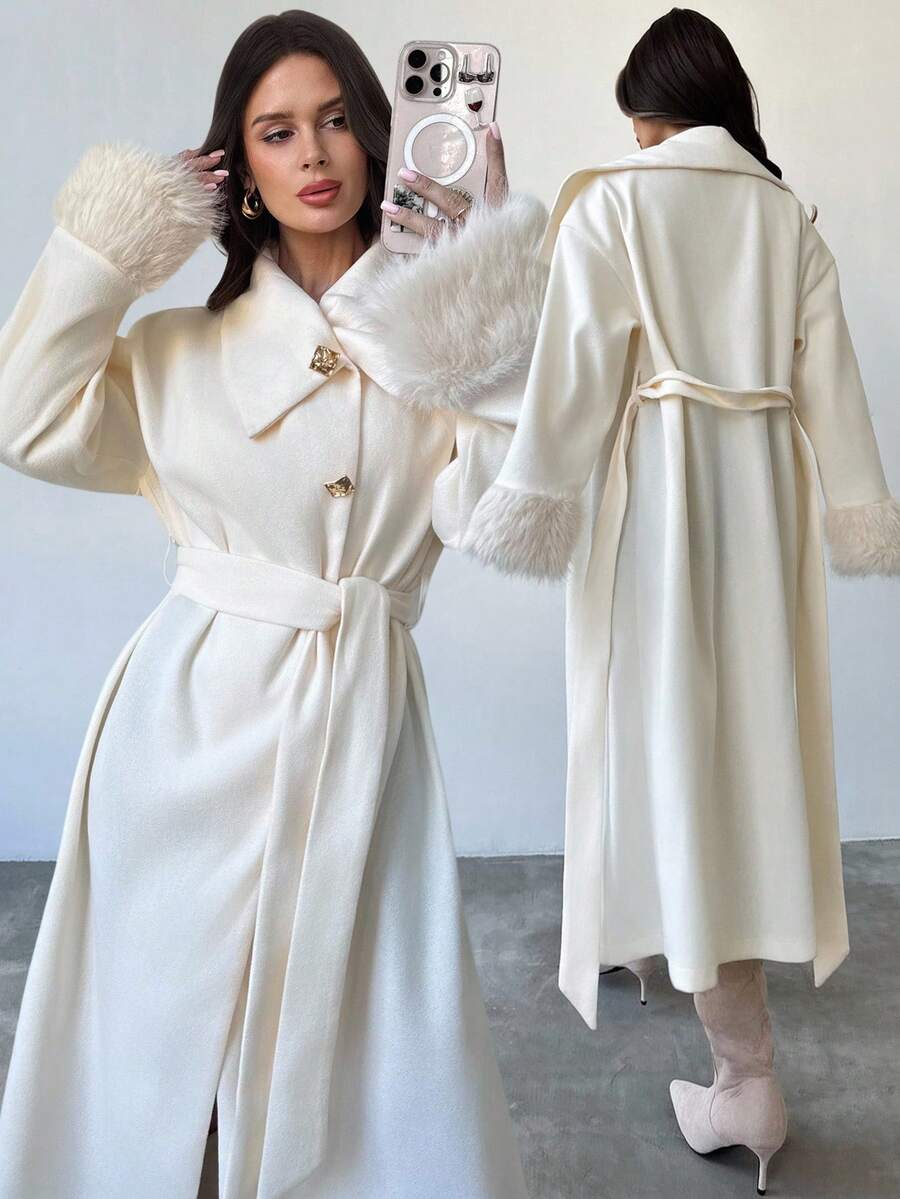 Firerie 女士优雅简约基本款休闲时尚办公室通勤卡其色长款宽松夹克，带毛领和袖口，秋冬，优雅，商务休闲，驼色，长袖